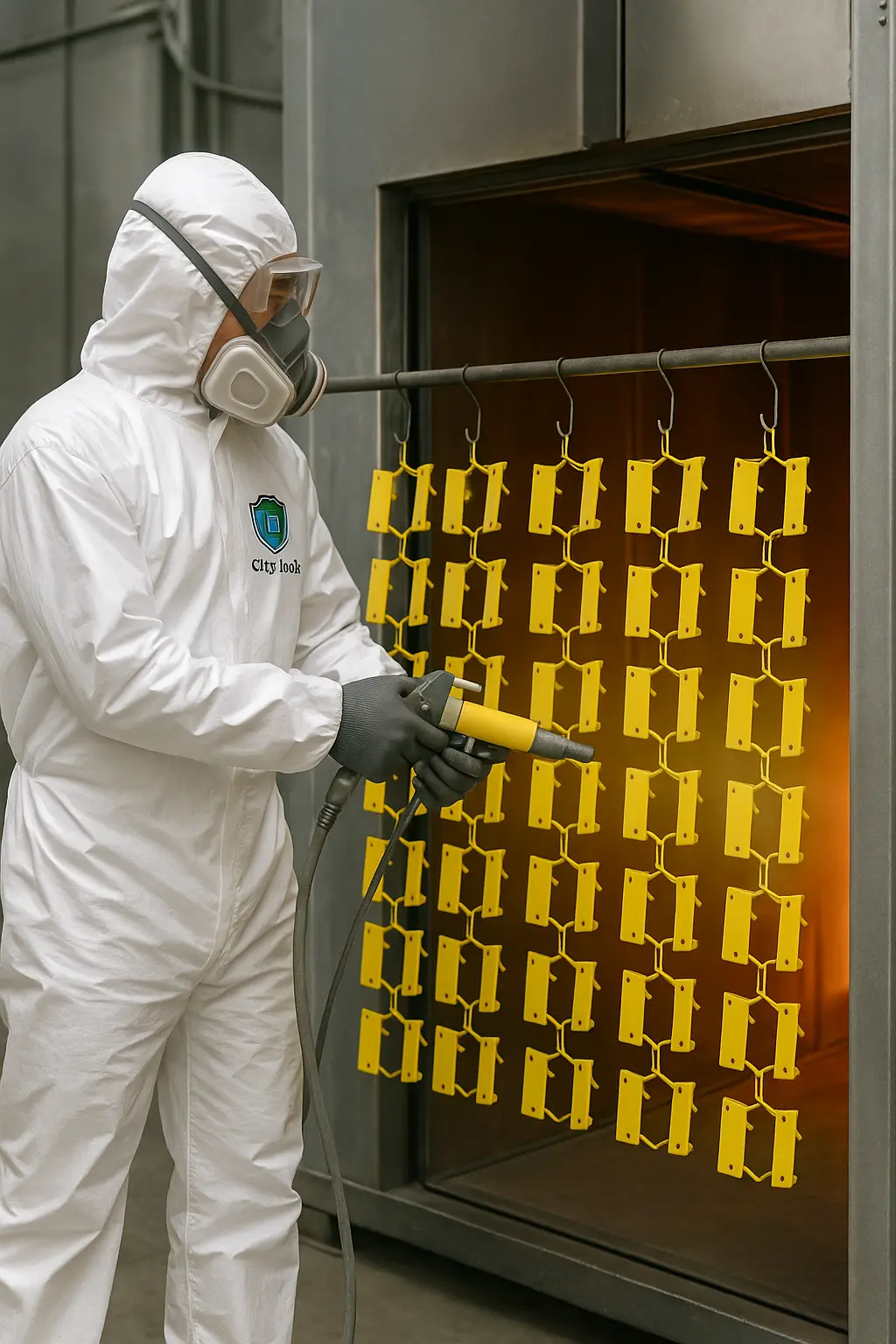 Proceso de pintura electrostática al horno con piezas amarillas – City Lock Bogotá Técnico de City Lock introduciendo piezas metálicas pintadas al horno de pintura electrostática en Bogotá