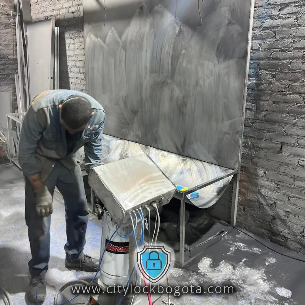 Técnico de pintura electrostática en Engativá Bogotá manipulando el cilindro de presión que alimenta la pistola de pintura industrial